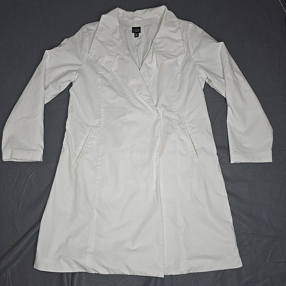 Eileen Fisher Woven Trench Coat Jacket Lightweight Cotton Nylon Blend Bone White